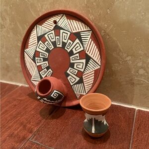 Handcrafted Terracotta Wall Art w/Geometric Design.  Plate & small vessel.